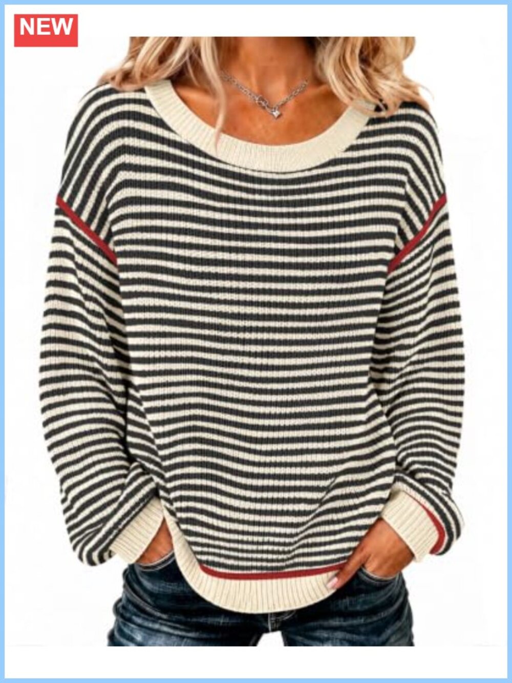 Womens Oversized Striped Pullover Sweater Crew Neck Long Sleeve Soft Knit